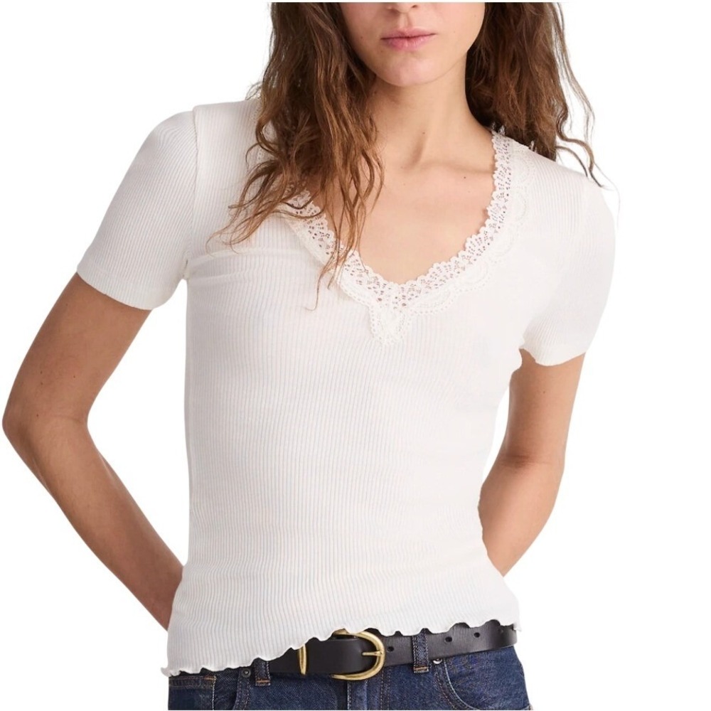 Madewell Lace-Trim V-Neck Top Womens L‎ Winter White Ribbed Coquette Feminine